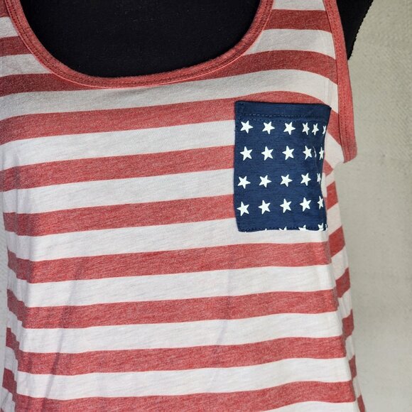 Fifth Sun Red White Stripe Blue Pocket with White Stars Poly Rayon Tank Top Sz L - Picture 5 of 16
